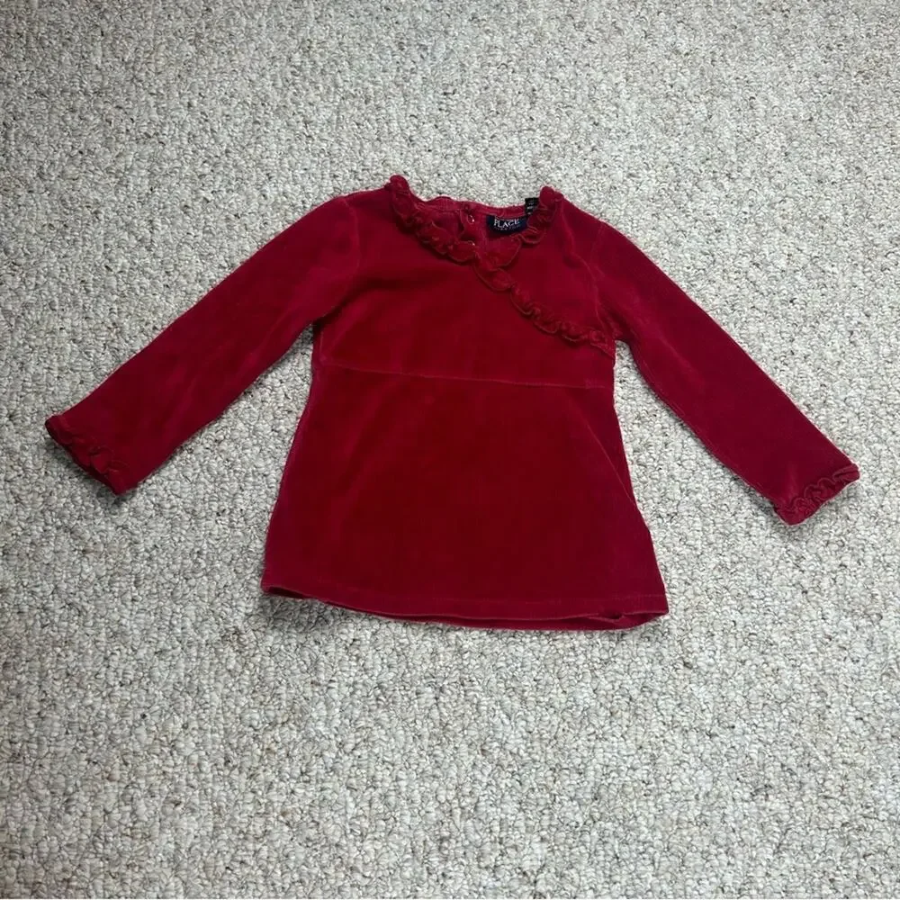 Children’s Place Red Velour Long Sleeve Girls 3T Vintage Ruffle Button Closure